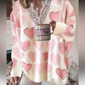 Valentines Day 💕Pink Heart V-Neck Sweater